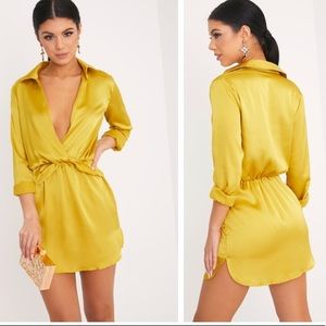 Dark lime twist front silky shirt dress